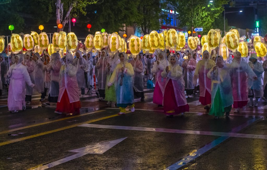 Participants in a parade during Lotus Lantern Festival in Seoul , Korea on May 10 2018. The festival is a celebration of the birth of Buddha