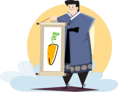 Man in Korean traditional hanbok clothing holding a scroll with a picture of a carrot on it