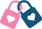 A pink lock and a blue lock with hearts in the center connected together