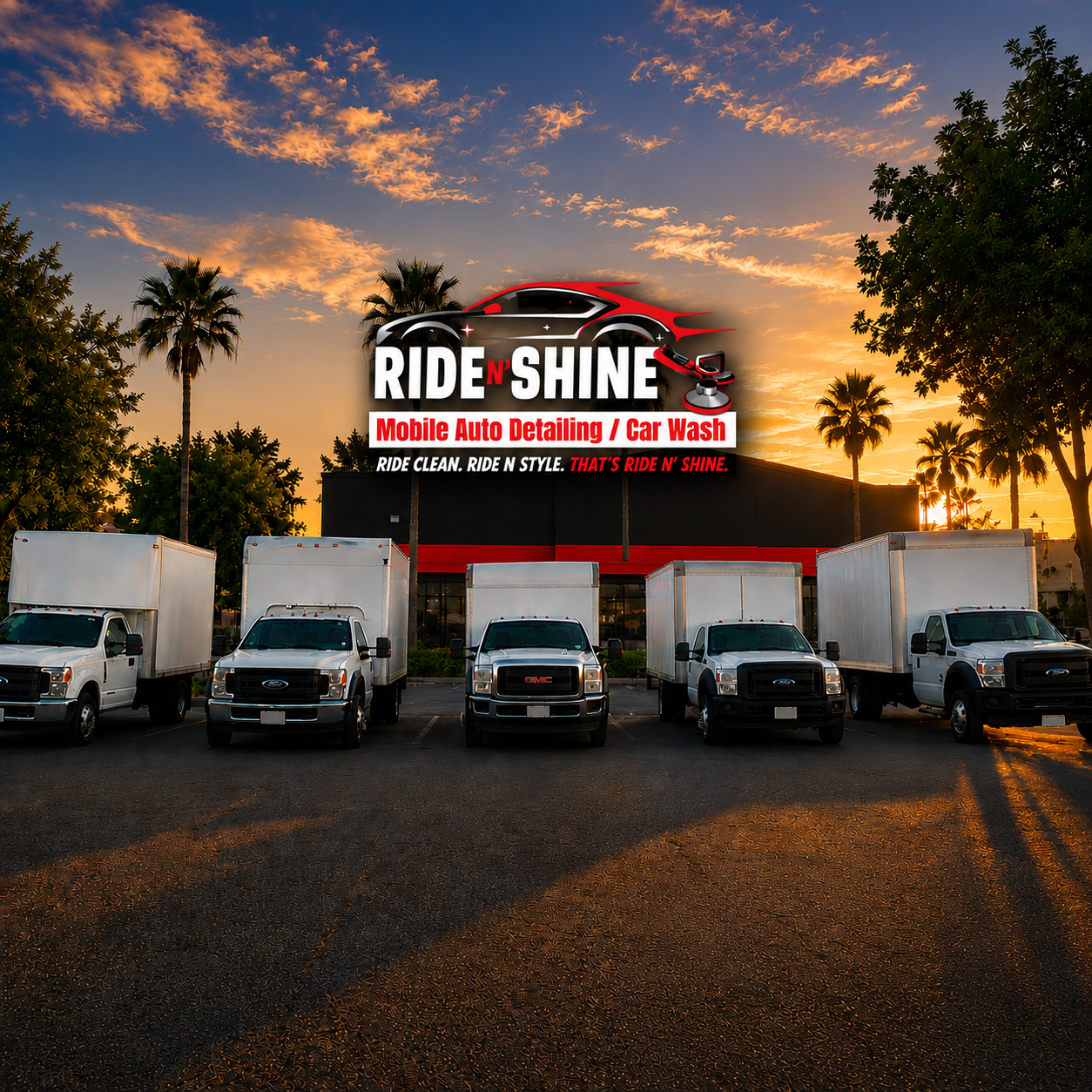 Box truck fleet washing and commercial fleet cleaning at sunset in San Diego